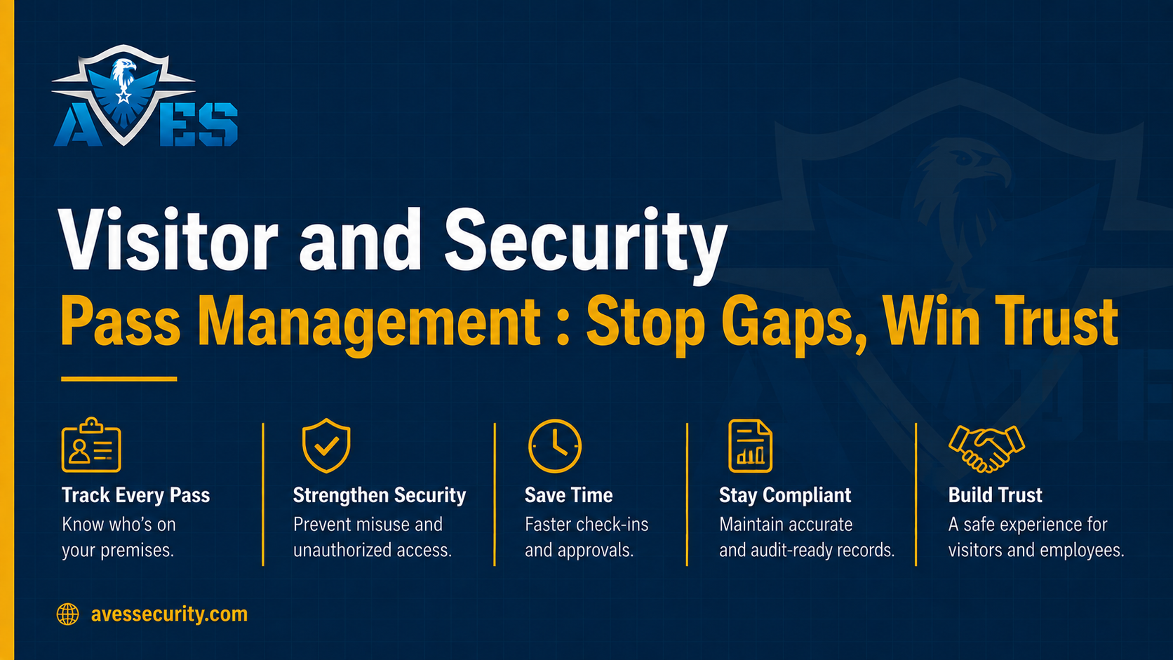 AVES security banner titled “Visitor and Security Pass Management: Stop Gaps, Win Trust,” highlighting pass tracking, stronger security, faster check-ins, compliance, and visitor trust.